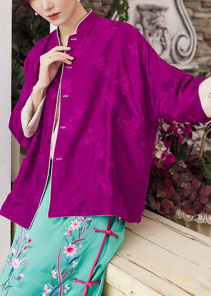 Boutique Colorblock Button Stand Collar Wear on Both Sides Print Silk Coats Fall