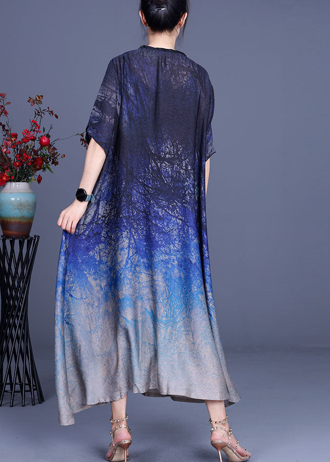 Classy Blue Button Print Fall Half Sleeve Dress