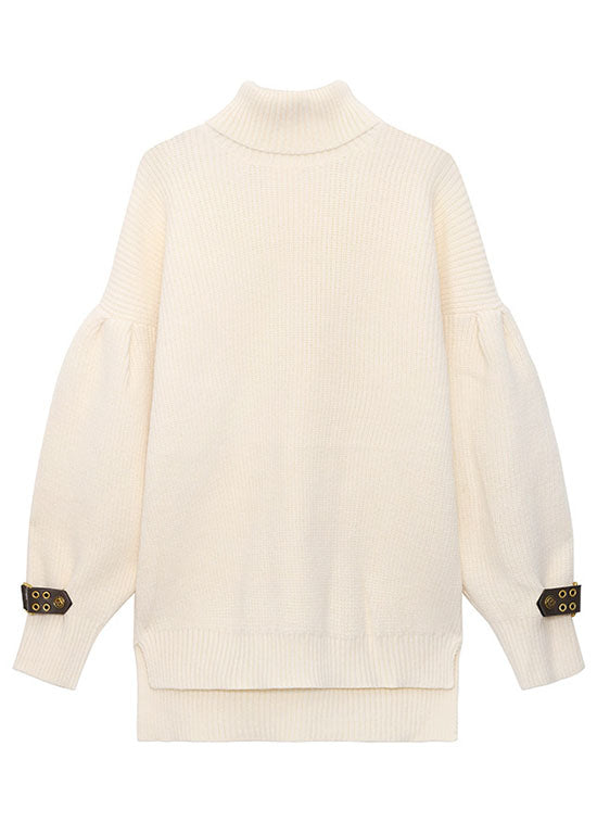 French Apricot Turtleneck Low High Design Loose Fall Knitted Sweaters