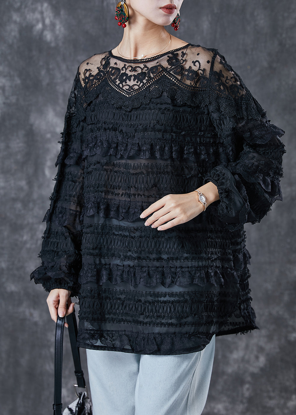Black Hollow Out Patchwork Lace Top Spring