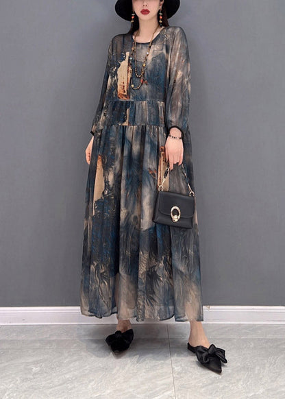 O-neck Print Tulle Patchwork Wrinkled Chiffon Dresses Long Sleeve