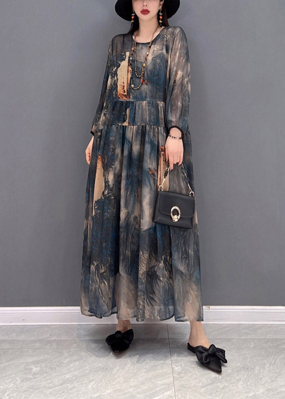 O-neck Print Tulle Patchwork Wrinkled Chiffon Dresses Long Sleeve