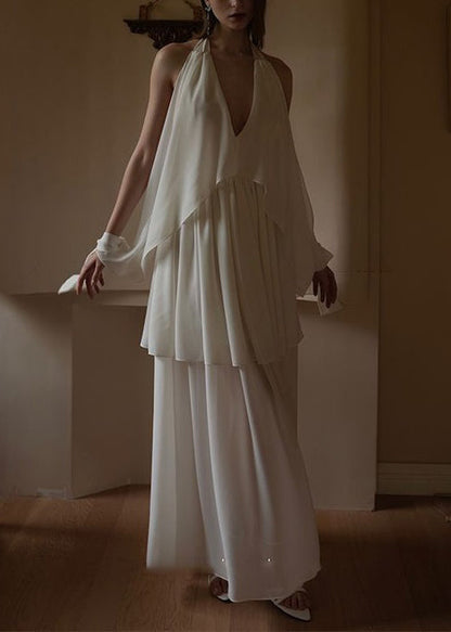 White V Neck Wrinkled Chiffon Dress Sleeveless