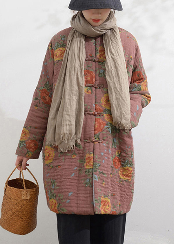 Pink Stand Collar Pockets Print Fine Cotton Filled Coat Winter