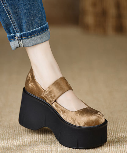 New Buckle Strap Splicing Wedge High Heels Brown Satin