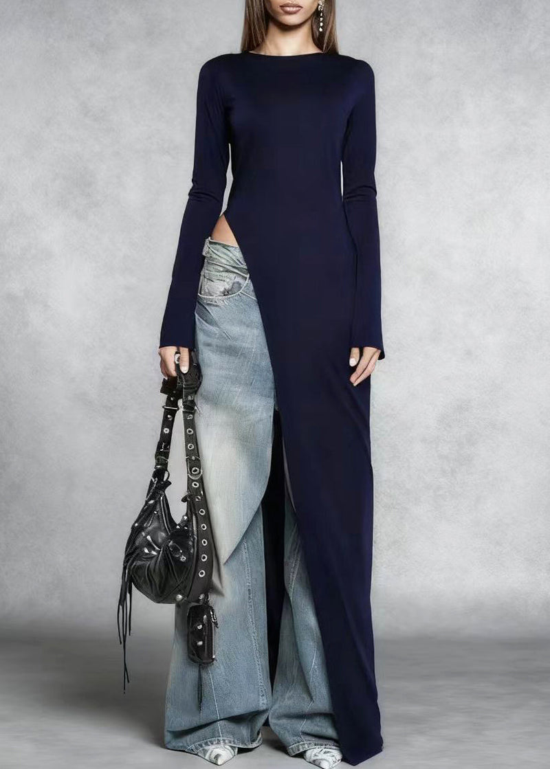 Stylish Navy Side Open Silm Fit Cotton Long Dress Spring