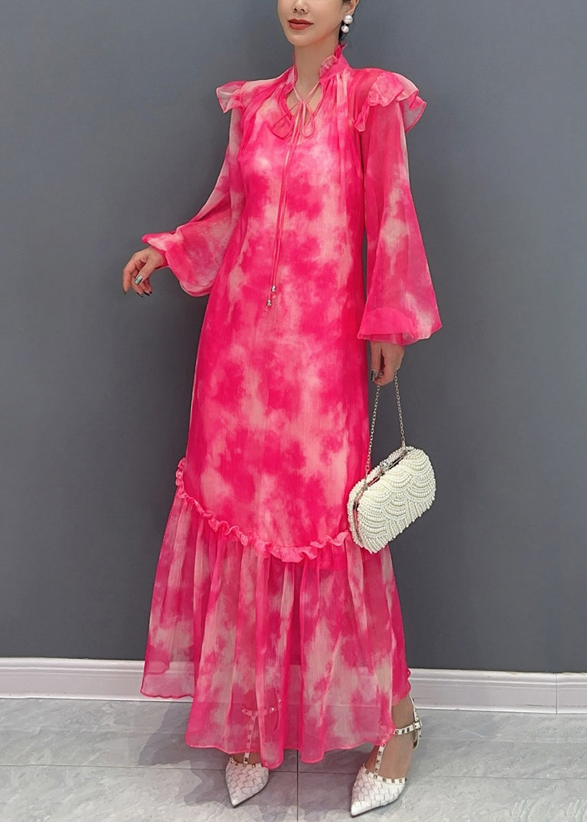 Italian Red V Neck Print Long Dress Lantern Sleeve
