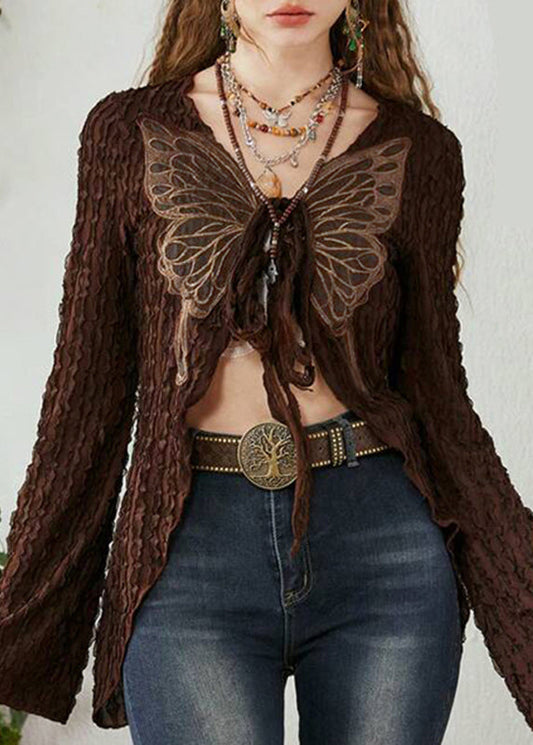 Brown Butterfly Lace Up Patchwork Knitting Cotton Cardigan Spring