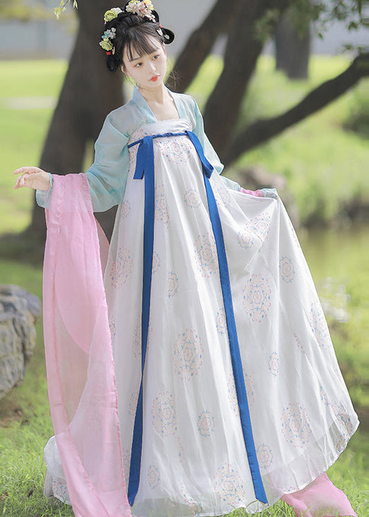 Chinese Style Blue Print Lace Up Patchwork Chiffontwo Pieces Set Fall
