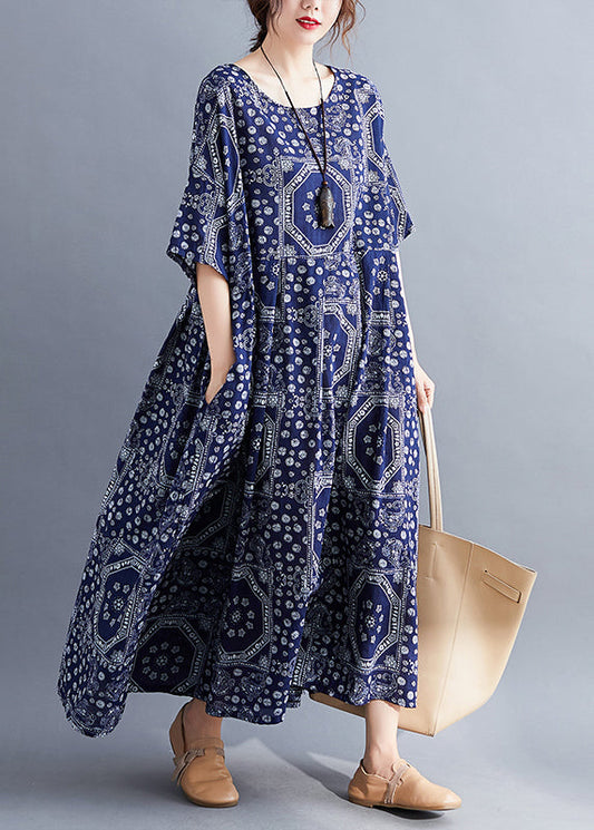 Navy O-neck Print Cotton Long Dress Short Sleeve