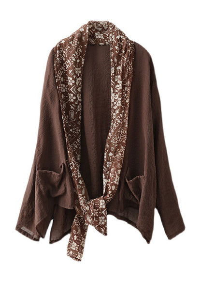 Coffee Colorblock Pockets Print Linen Upf 50+ Coat Long Sleeve