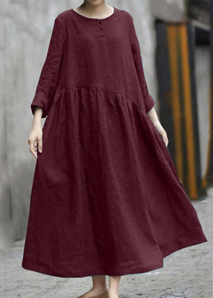 Color Black Cotton Linen Long Sleeve Swing Long Dress