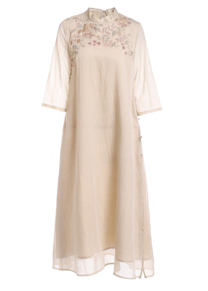 Beige Embroideried Patchwork Button Summer Long Dress
