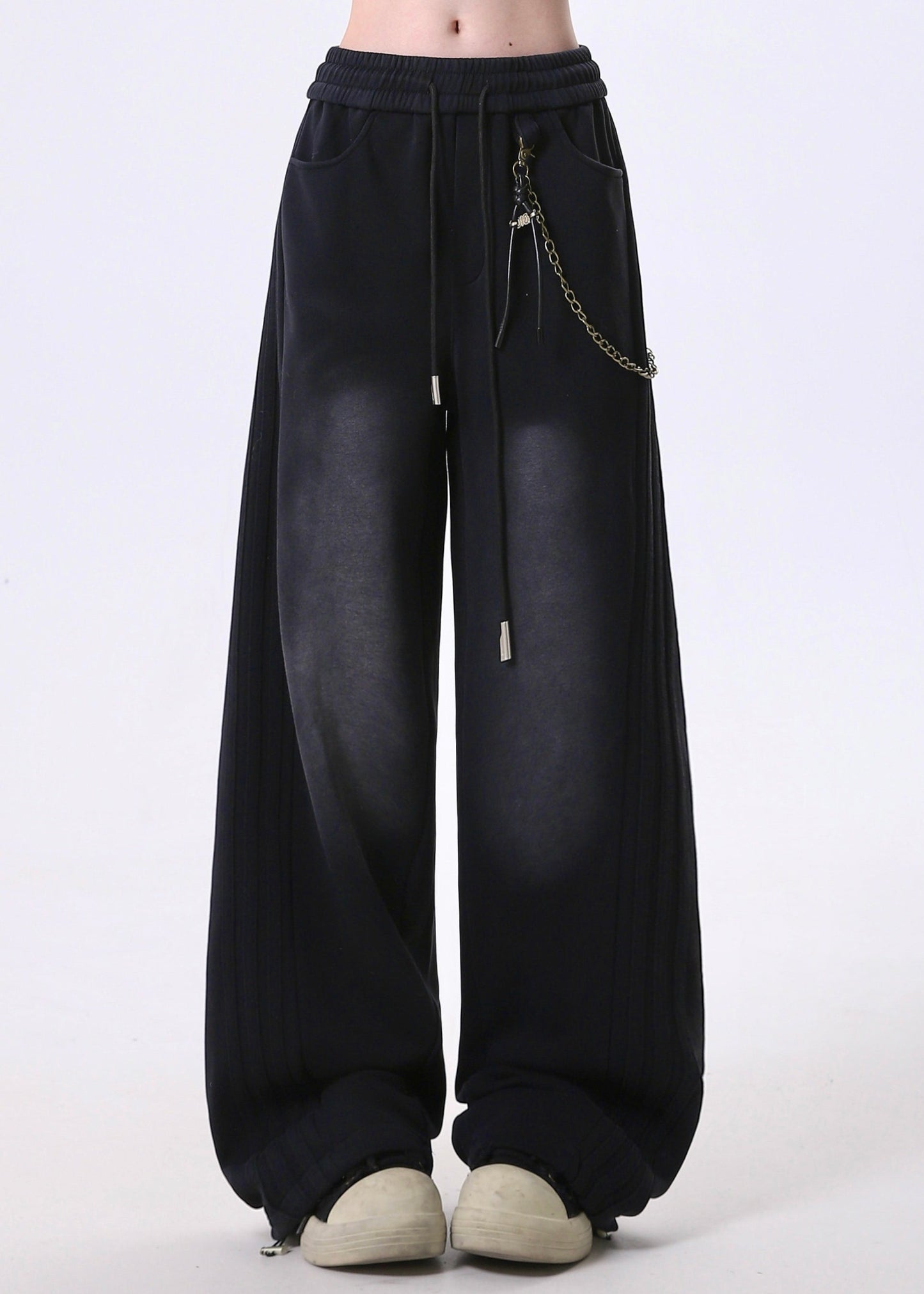 Grey Pockets Patchwork Elastic Waist Cotton Pants Spring