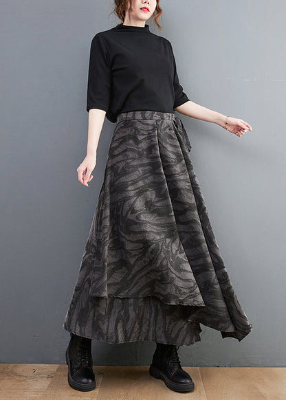 Handmade Black Elastic Waist Tie Waist Asymmetrical Print Skirt Spring
