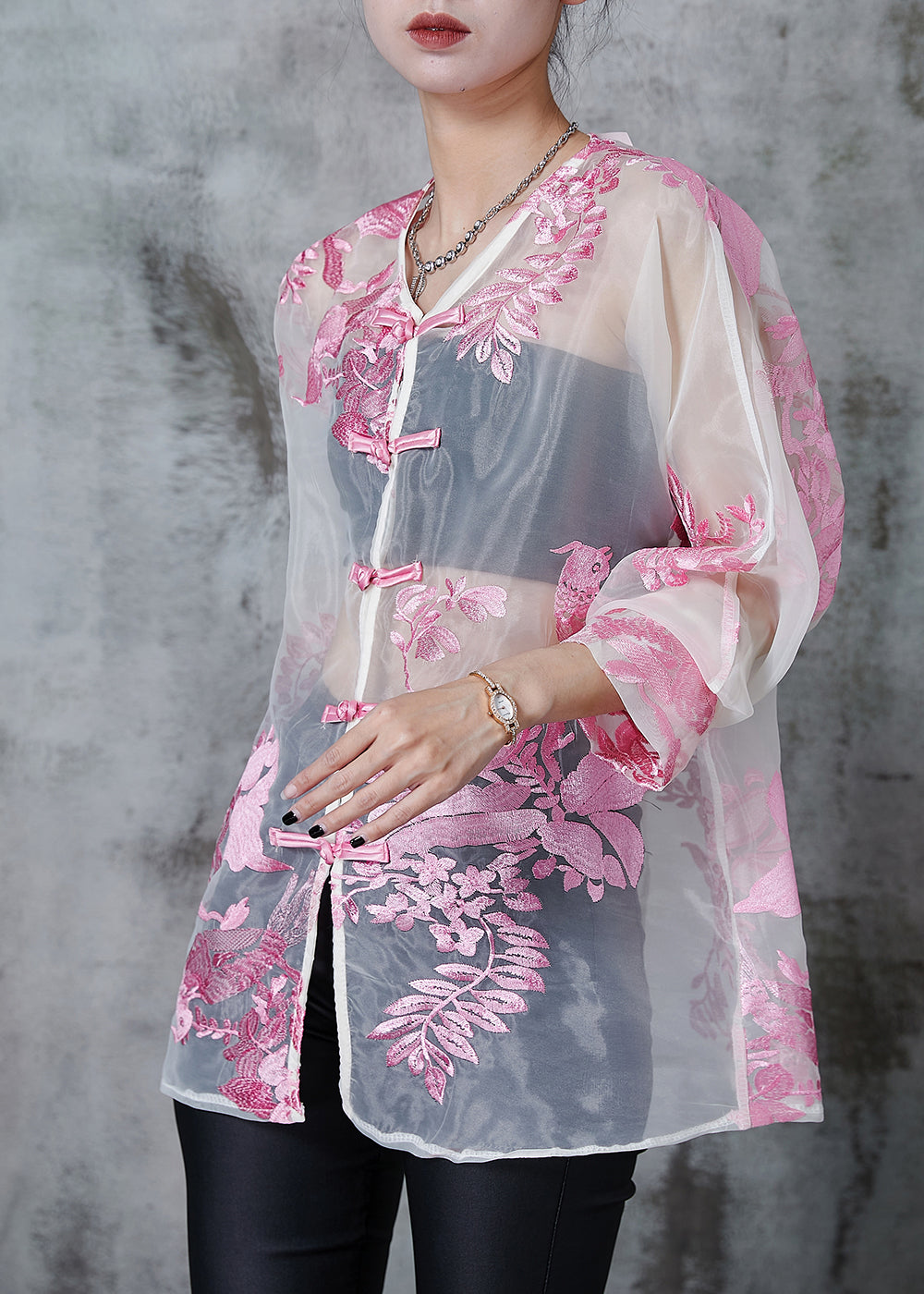 Pink Embroidered Organza Upf 50+ Tops Summer