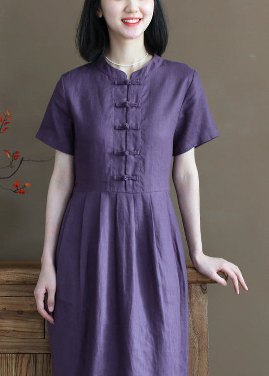 Purple Stand Collar Cinched Button Linen Cinch Dress Short Sleeve