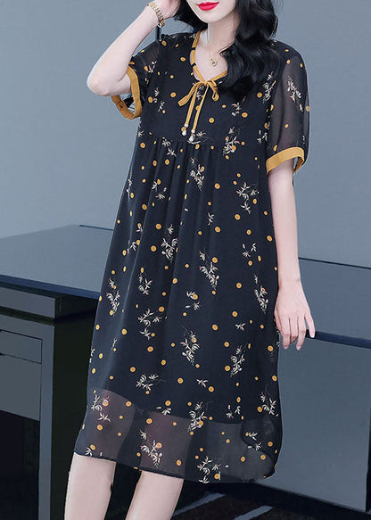 Black Lace Up Wrinkled Patchwork Print Chiffon Party Dress Short Sleeve