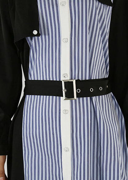 Blue Tie Waist Peter Pan Collar Striped Patchwork Shirt Dresses Spring