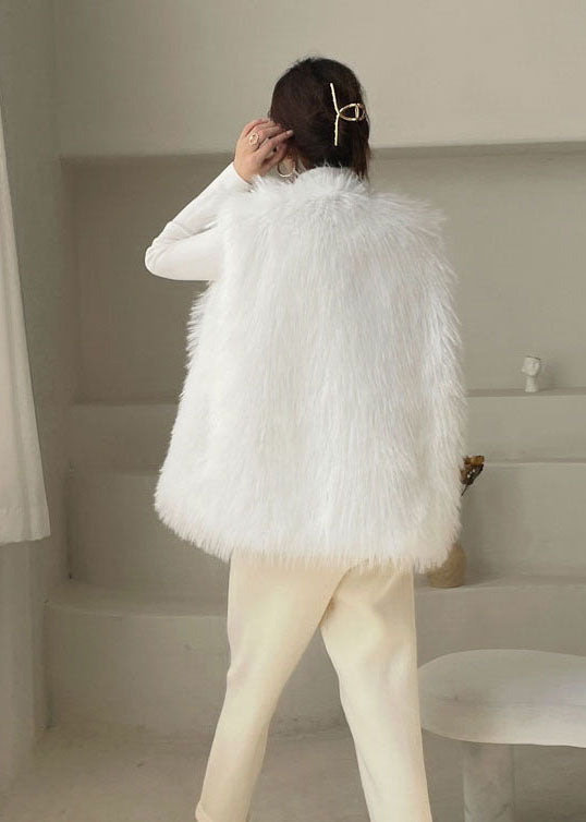 White Button Fuzzy Fur Tops Sleeveless Waistcoat