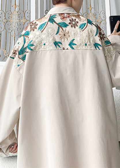 Beige Embroidered Button Cotton Neutral Coats Spring