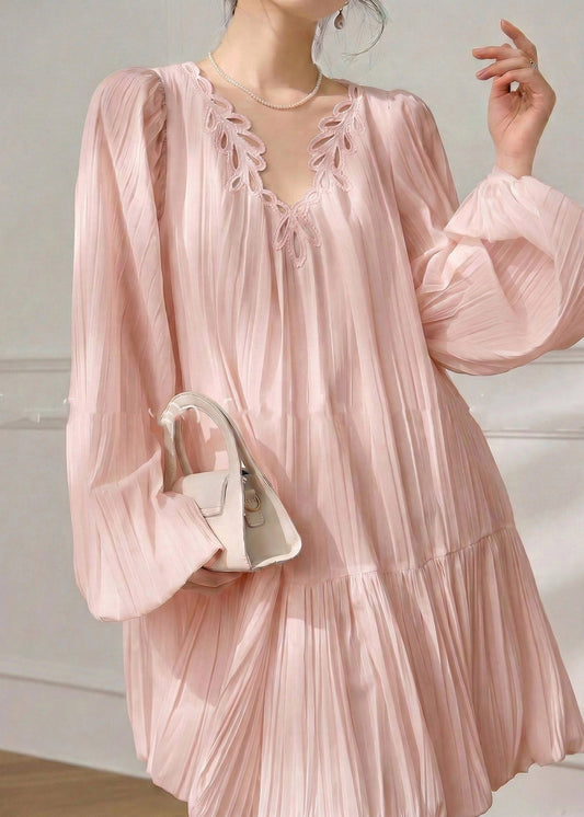 Pink V Neck Mid Dress Spring