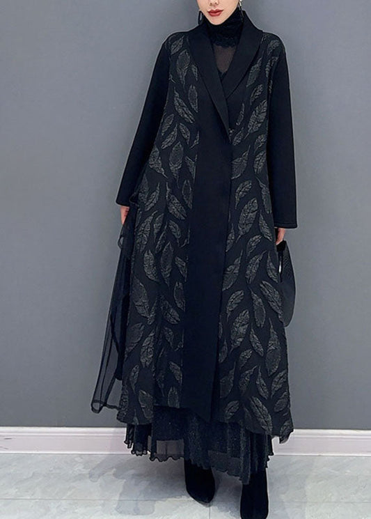 Black Notched Tulle Patchwork Maxi Cardigans Long Sleeve