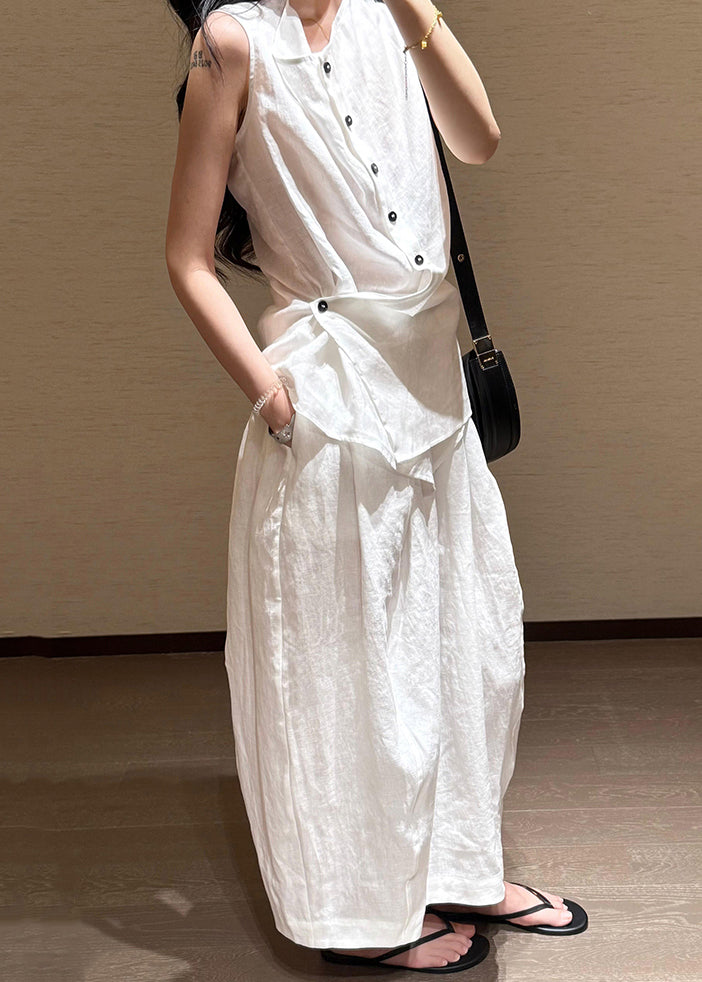 Fine White Asymmetrical Button Shirts and Skirts Cotton Two Pieces Set Sleeveless
