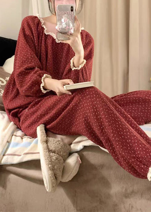Red Dot Lace Patchwork Cotton Pajamas Two Pieces Set Fall