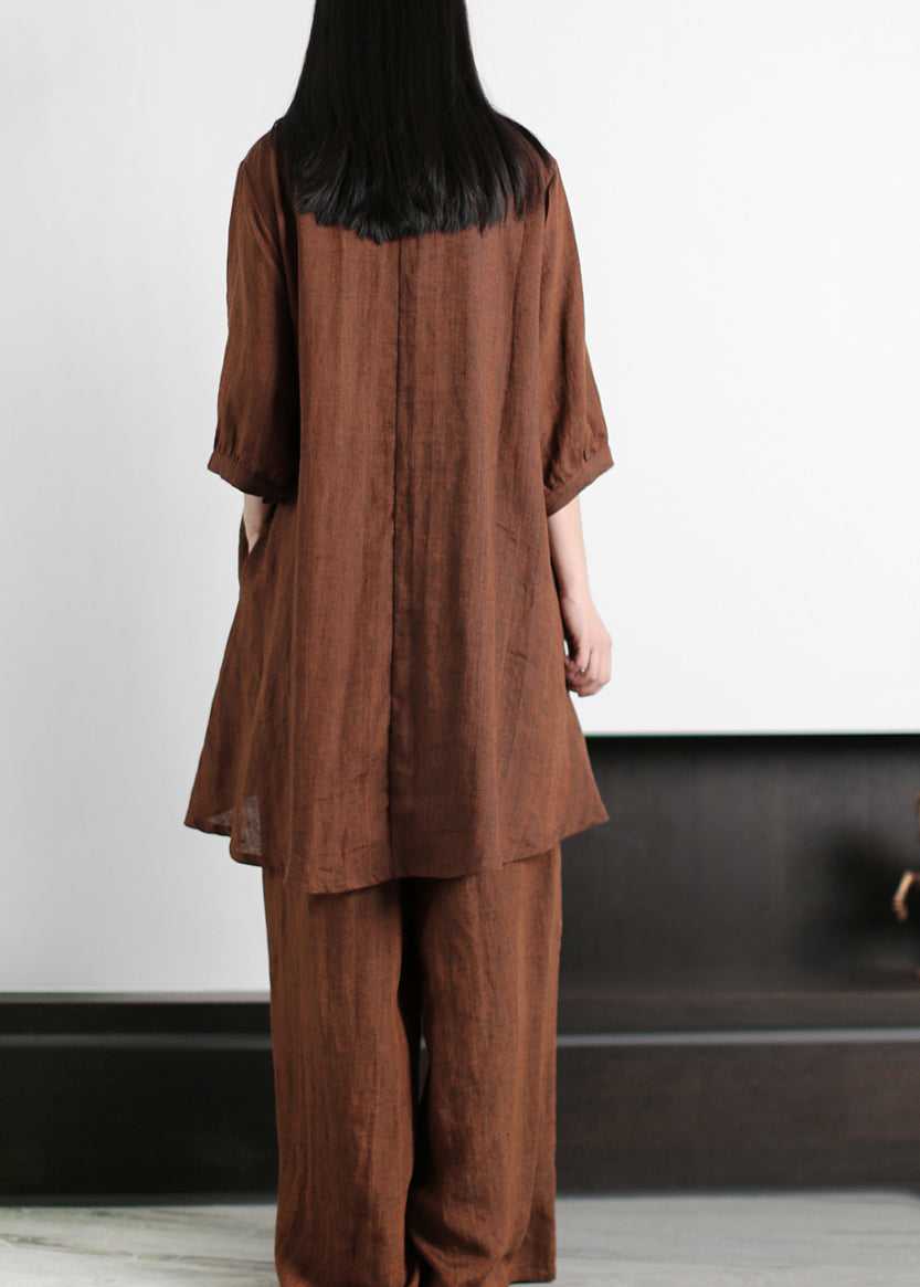 Chocolate Asymmetrical Linen Tops and Wide Leg Pants Half Sleeve