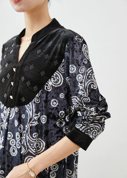 Black V Neck Patchwork Print Silk Velour Long Shirt Fall