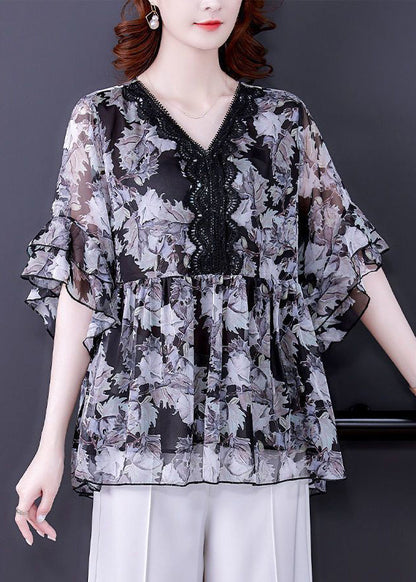 Black V Neck Ruffled Print Chiffon Shirt Half Sleeve