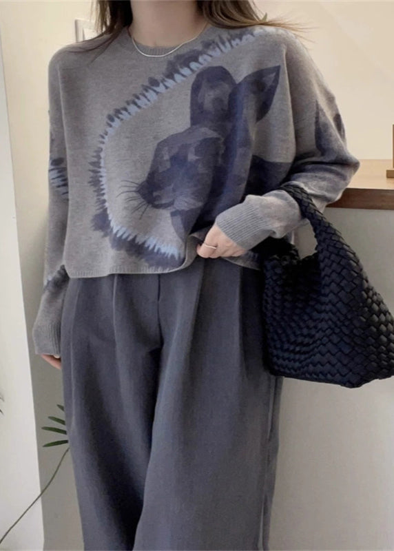 Grey O Neck Animal Print Thick Woolen Sweaters Fall