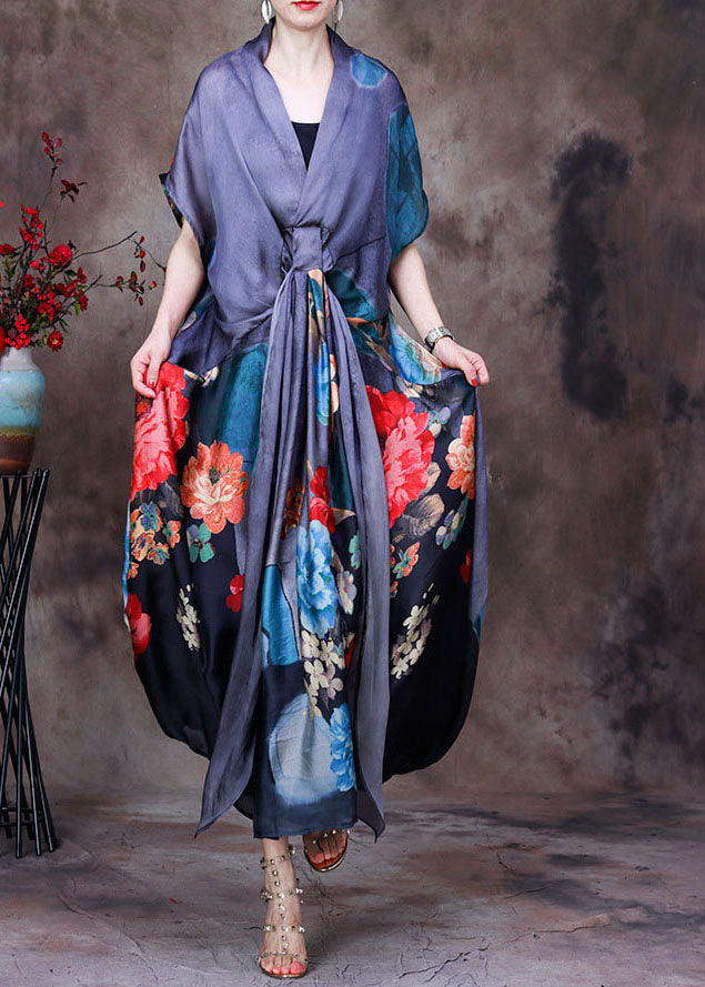 Fitted Grey V Neck Asymmetrical Print Silk Maxi Dresses Two Piece Set Clothing Short Sleeve