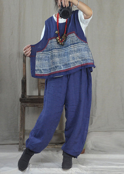 Blue O-neck Patchwork Linen Tank Top Fall