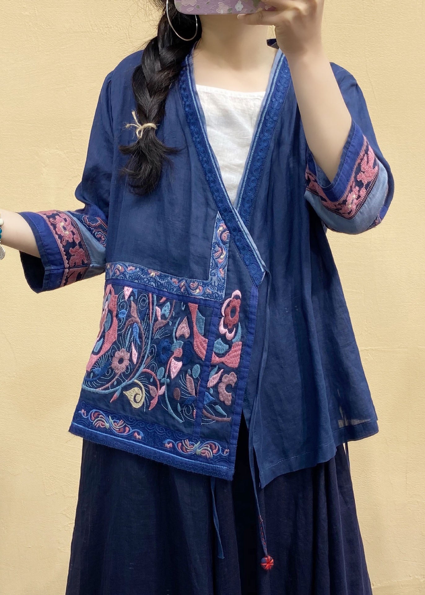 Italian Rose Embroideried Tie Waist Linen Shirts Spring