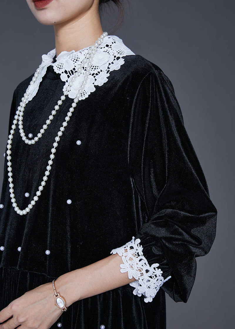 Loose Black Lace Patchwork Nail Bead Silk Velour Long Dresses Spring