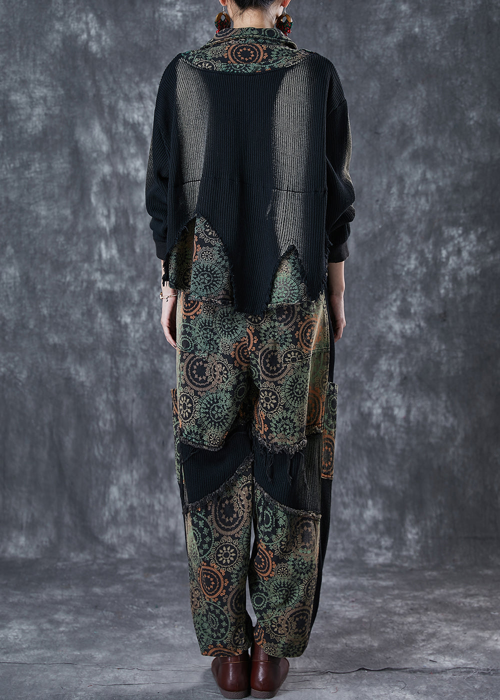 Black Tie Dye Patchwork Print Denim Two Pieces Set Fall