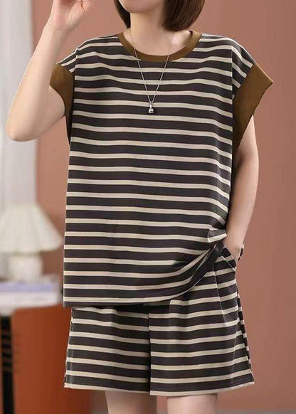 Loose O Neck Striped Cotton Two Pieces Set Summer