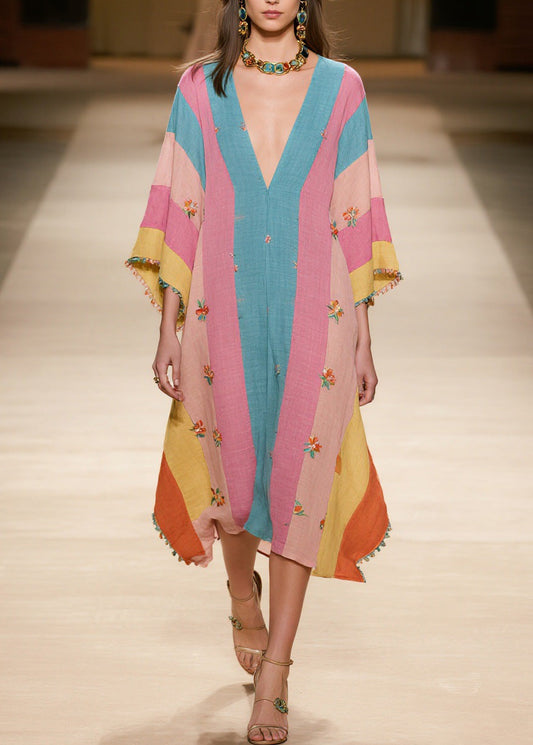 Colorblock V Neck Print Cotton Dress Summer