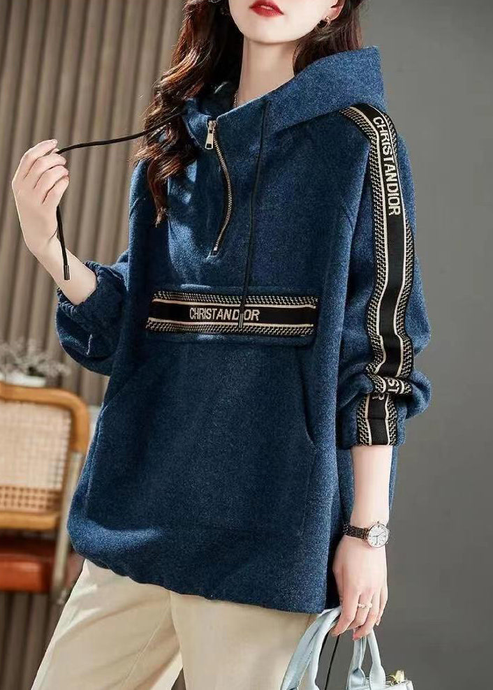 Blue Hooded Pockets Patchwork Cotton Sweatshirts Long Sleeve
