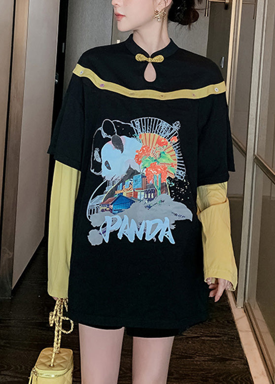 Black O-neck Print Patchwork Button Top Long Sleeve