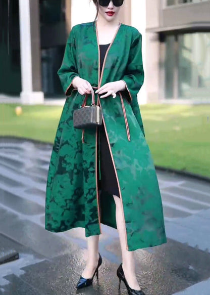 Jacquard Green V Neck Chinese Button Silk Coat Spring