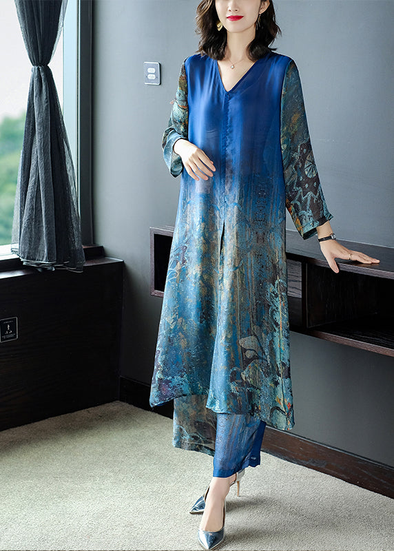 Boutique Blue V Neck Side Open Print Silk Dress and Wide Leg Pants Sets Two Pieces Summer