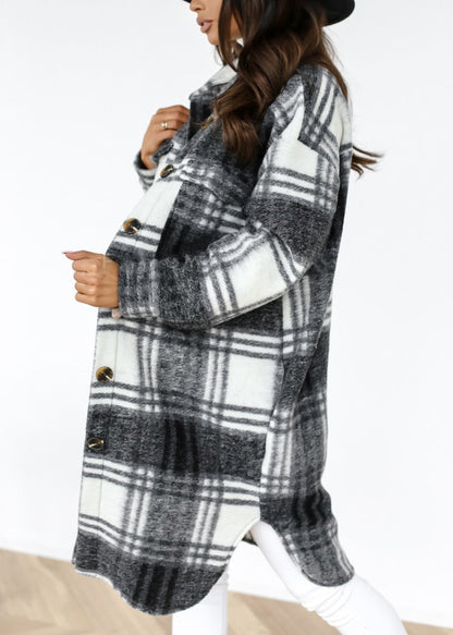 Black Peter Pan Collar Plaid Woolen Shirts Coat Spring