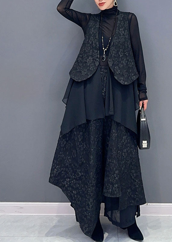 Art Black V Neck Print Waistcoat and Wide Leg Pants Two Pieces Set Fall