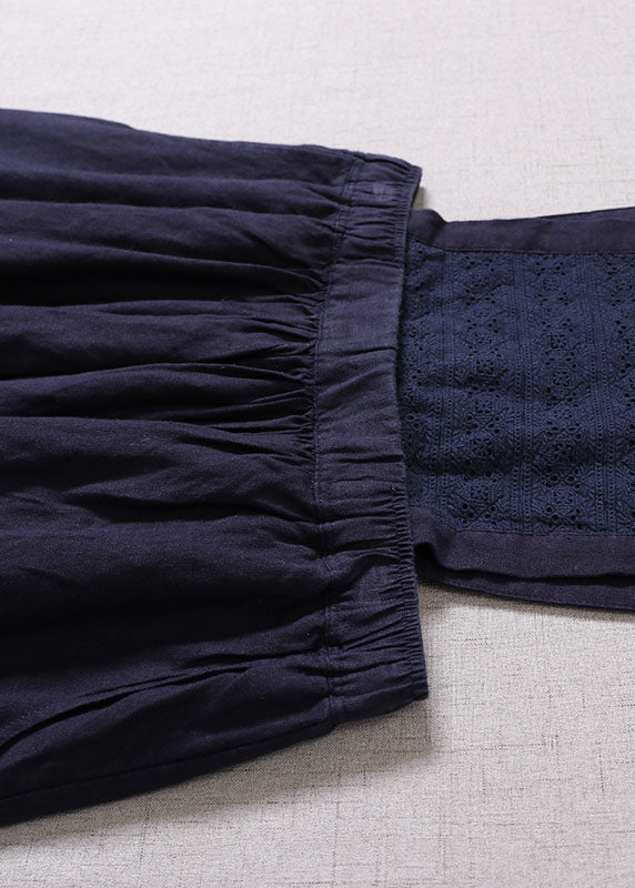 Denim Blue Embroideried High Waist Linen Dress Spring Outfits