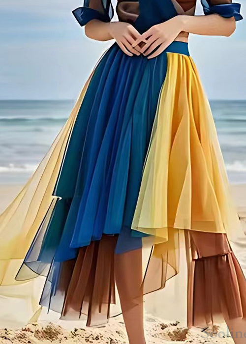 Yellow Wrinkled Elastic Waist Tulle Skirts Summer