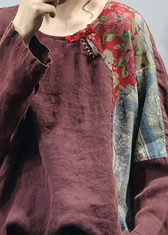 Fine Mulberry Side Open Patchwork Linen Blouses Long Sleeve