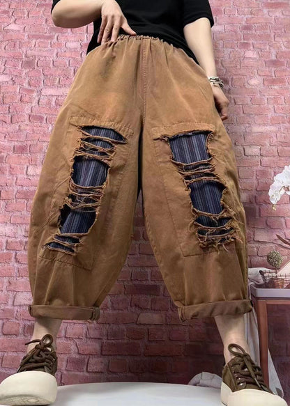 Rose Pockets Elastic Waist Ripped Denim Pants Spring